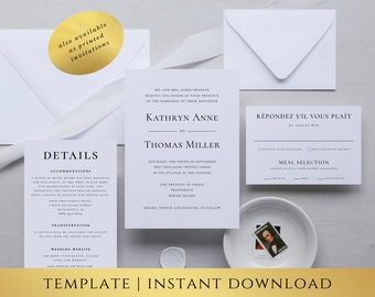 May include: A white wedding invitation suite with black text. The invitation card features the names Kathryn Anne and Thomas Miller, the wedding date, and the location. The RSVP card includes a meal selection option. The invitation is also available as a printed invitation.