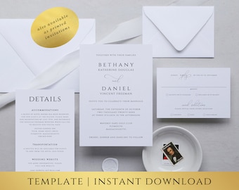 May include: A white wedding invitation suite with a gold foil accent. The invitation features the names Bethany Katherine Douglas and Daniel Vincent Freeman, the date and time of the wedding, and the location. The RSVP card includes a section for guests to indicate their meal selection. The invitation is also available as a printed invitation.