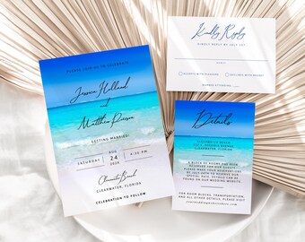 Turquoise Beach Wedding Invitation Template: Destination Wedding (Instant Download)