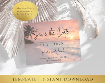 Beach Save the Date Template – Tropical Design, Destination Wedding Save the Date, Coastal Wedding STD, Editable Templett