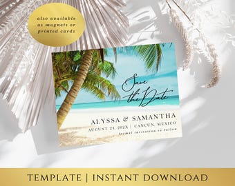 Beach Save the Date Template – Palm Tree 1 Design, Destination Wedding, Coastal Wedding STD, Editable Templett, Instant Download