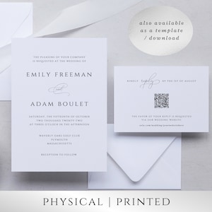 May include: Wedding invitation with a white background and black text. The invitation reads "The pleasure of your company is requested at the wedding of Emily Freeman and Adam Boulet." The wedding is scheduled for Saturday, October 15, 2022 at 3:00 PM at Waverly Oaks Golf Club in Plymouth, Massachusetts. A reception will follow. A separate card with a white background and black text reads "Kindly reply by the 1st of August." A QR code is included with the text "The favor of your reply is requested via our wedding website."