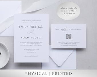 Printed Wedding Invitations with QR code rsvp card, Elegant Minimalist Design, Customizable; Deposit