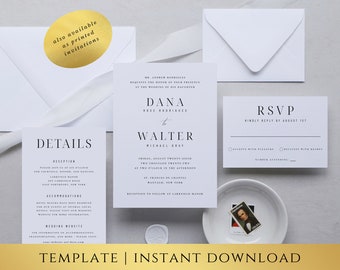 May include: A wedding invitation template with a white background and black text. The invitation includes the names Dana Rose Rodrigues and Walter Michael Gray, the date and time of the wedding, and the location. The invitation also includes details about the reception and accommodations. The text "RSVP" is on a separate card with a white background and black text. The text "also available as printed invitations" is on a gold circle.