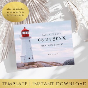 Modèle « Save the Date » de plage – conception de phare, mariage à destination, mariage côtier STD, templett modifiable, téléchargement immédiat