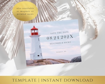 Beach Save the Date Template – Lighthouse Design, Destination Wedding, Coastal Wedding STD, Editable Templett, Instant Download