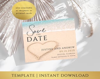 Beach Save the Date Template – Heart Design, Destination Wedding Save the Date, Coastal Wedding STD, Editable Templett