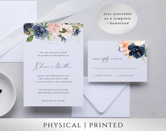 Printed Wedding Invitations, Navy, Blush, and Gold Floral Invitations; Deposit