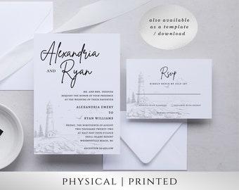 Printed Wedding Invitations, Lighthouse Sketch Beach Invitations; Deposit