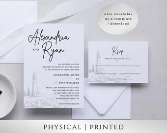 May include: A wedding invitation with a lighthouse and beach scene. The invitation is for Alexandria and Ryan, and the wedding will be held on Friday, August 19th, 2022 at 4:30 PM at Shell Island Resort in Wrightsville Beach, NC. The invitation also includes a RSVP card.