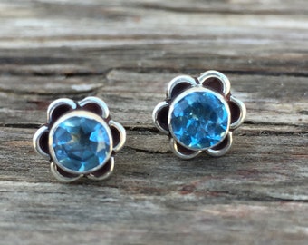 Blue Topaz Stud Earrings Blue Gemstone Jewelry Minimalist style