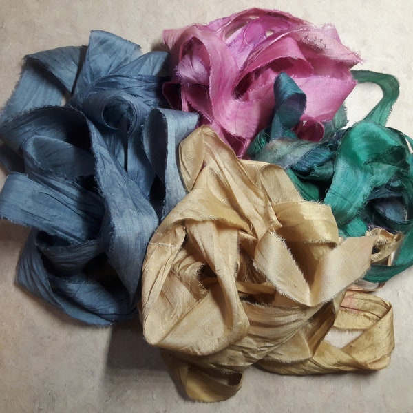 12 Yards Sari Silk Ribbon Yarn - Pink, Tan, Blue, Green (3 yards each)