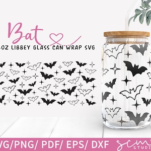 May include: A digital design file for a 16 oz. glass can wrap featuring a repeating pattern of bats and stars. The design is black and white and is perfect for Halloween or any spooky occasion.