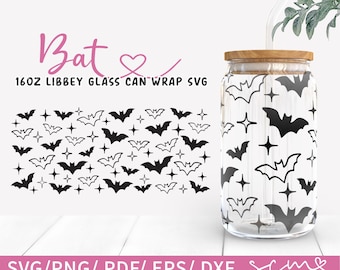 May include: A digital design file for a 16 oz. glass can wrap featuring a repeating pattern of bats and stars. The design is black and white and is perfect for Halloween or any spooky occasion.