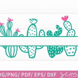 Könnte beinhalten: Ein türkisfarbenes Kaktusdesign mit rosa Blüten und einer horizontalen Linie, ideal zum Basteln. Das Design zeigt verschiedene Kaktusformen vor weißem Hintergrund. Der Text "SVG/PNG/PDF/EPS/DXF" befindet sich unten.