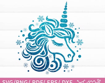 Archivos de corte SVG de unicornio navideño / Unicornio y nieve falsa SVG / Diseño SVG navideño para niños / Archivos de corte SVG de invierno