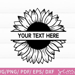 Puede incluir: Silueta en blanco y negro de un girasol con una pancarta dividida que dice "YOUR TEXT HERE".