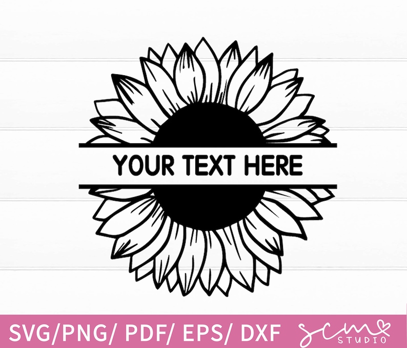Puede incluir: Silueta en blanco y negro de un girasol con una pancarta dividida que dice "YOUR TEXT HERE".