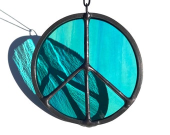 Peace sign sun catcher • Teal water glass, handmade art, home decor, hippie, love, stained glass