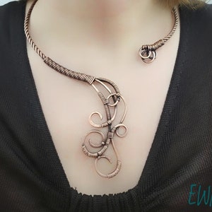 Open Necklace, open torch, copper necklace, copper wire wrapped rigid choker, wedding statement collar, minimal asymmetric necklace, New2025