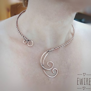 Open Necklace, open torch, copper necklace, copper wire wrapped rigid choker, wedding statement collar, minimal asymmetric necklace