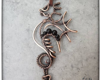 Dragon copper pendant,wire wrapped dragon, handmade dragon,artisan pendant with black onyx,