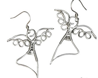 Angel earrings, wire wrapped dangle earrings, silver tone earrings, fairy earrings, christmas angels