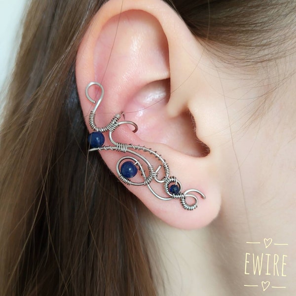 Lapis lazuli ear cuff, 316L surgical steel wire wrapped earrings, fantasy earrings, surgical wire ear cuff