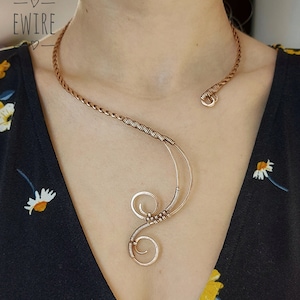 Open Necklace, open torch, copper necklace, copper wire wrapped rigid choker, wedding statement collar, minimal asymmetric necklace