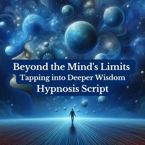May include: A blue and white abstract image with a person walking towards a bright light. The text "Beyond the Mind's Limits Tapping into Deeper Wisdom Hypnosis Script" is displayed on the image.
