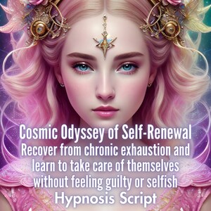 May include: A woman with pink hair and a star on her forehead looks directly at the viewer. The text "Cosmic Odyssey of Self-Renewal" is below her, followed by "Recover from chronic exhaustion and learn to take care of themselves without feeling guilty or selfish." The text "Hypnosis Script" is at the bottom of the image.
