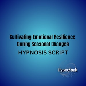 Peut inclure: Fond bleu dégradé avec le texte "Cultiver la Résilience Émotionnelle Pendant les Changements Saisonniers HYPNOSE SCRIPT". Le logo HypnoVault est en bas à droite. Le texte est en gras, sans empattement.