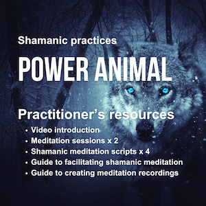 Könnte beinhalten: Ein Wolf mit blauen Augen in einem schneebedeckten Wald. Der Text "Shamanic practices POWER ANIMAL Practitioner's resources" ist auf dem Bild zu sehen. Der Text darunter listet Ressourcen auf, darunter: Video-Einführung, Meditations-Sitzungen x 2, Schamanische Meditations-Skripte x 4, Anleitung zur Erleichterung der schamanischen Meditation, Anleitung zum Erstellen von Meditationsaufnahmen.
