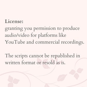 Peut inclure: Texte sur fond blanc qui dit : "Licence : vous accorde la permission de produire de l'audio/vid&eacute;o pour des plateformes comme YouTube et des enregistrements commerciaux. Les scripts ne peuvent pas &ecirc;tre republi&eacute;s sous forme &eacute;crite ou revendus tels quels."