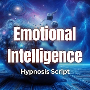 May include: A digital graphic featuring a blue-toned human head silhouette with intricate mechanical gears and cosmic nebula patterns. The text reads Emotional Intelligence Hypnosis Script in bold white letters against a dark blue space background.