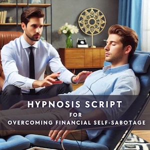 May include: Two men are depicted in a room, one seated and the other reclining in a blue chair. The image includes the text: "HYPNOSIS SCRIPT FOR OVERCOMING FINANCIAL SELF-SABOTAGE."