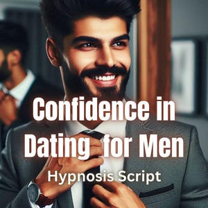 May include: A smiling man in a gray suit adjusts his tie, with the text "Confidence in Dating for Men" and "Hypnosis Script" overlaid. Another man in a suit is in the background.