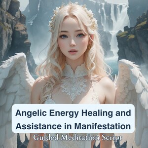 Puede incluir: Una mujer con alas blancas y una corona de flores blancas se encuentra frente a una cascada. El texto "Angelic Energy Healing and Assistance in Manifestation Guided Meditation Script" está en un rectángulo blanco.