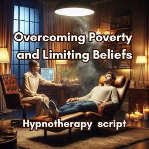 Op de afbeelding: Afbeelding van een hypnotherapiesessie. Een persoon ligt in een bruine leren stoel, terwijl een andere persoon in de buurt zit. De tekst luidt "Armoede en beperkende overtuigingen overwinnen" en "Hypnotherapiescript".