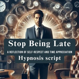 Peut inclure: Un homme en costume sombre se tient devant un cadran d'horloge avec les mots "Stop Being Late" et "A Reflection of Self-Respect and Time Appreciation" au-dessus des mots "Hypnosis Script".