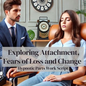 May include: A man in a suit sits across from a woman in a blue shirt, who is relaxing in a brown leather chair. The text on the image reads "Exploring Attachment, Fears of Loss and Change Hypnotic Parts Work Script".