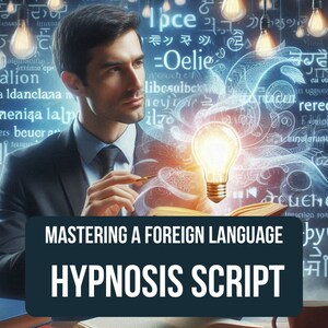 May include: A man is looking up at a light bulb with a blue background. The background is covered in words and symbols. The text at the bottom of the image reads "MASTERING A FOREIGN LANGUAGE HYPNOSIS SCRIPT".