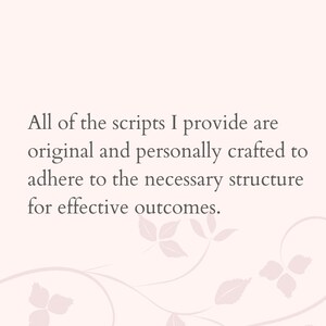Peut inclure: Texte sur un fond blanc avec un motif floral. Le texte dit : "Tous les scripts que je fournis sont originaux et con&ccedil;us personnellement pour respecter la structure n&eacute;cessaire pour des r&eacute;sultats efficaces."