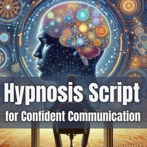 May include: Digital artwork featuring a human profile with a brain composed of gears and circuits. The image includes the text "Hypnosis Script for Confident Communication" in white letters, with a person sitting in a chair.