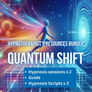 Puede incluir: Una ilustración digital de una persona con alas de pie frente a un portal azul y blanco giratorio. El texto "HYPNOTHERAPIST'S RESOURCES BUNDLE QUANTUM SHIFT" está por encima de la persona. Debajo del texto hay una lista de recursos: "Hypnosis sessions x 2", "Guide", y "Hypnosis Scripts x 3".