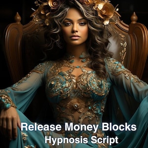 May include: A woman wearing a teal and gold embellished gown with a floral crown sits on a wooden chair. The text "Release Money Blocks Hypnosis Script" is at the bottom of the image.