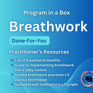 Puede incluir: Un gráfico azul y blanco con el texto "Program in a Box Breathwork Done-For-You Practitioner's Resources" y una lista de recursos que incluyen "List of breathwork benefits", "Guide to implementing breathwork into a daily routine", "Guided breathwork practices x 5 various techniques" y "Guided breath meditations x 7 scripts". Un logotipo azul y blanco con el texto "International Hypnosis School" se encuentra en la esquina inferior derecha.