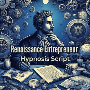 Puede incluir: Ilustración azul y blanca de un hombre con traje con el texto "Renaissance Entrepreneur Hypnosis Script". El fondo presenta engranajes y elementos mecánicos. El hombre está sentado en un escritorio con libros y papeles.