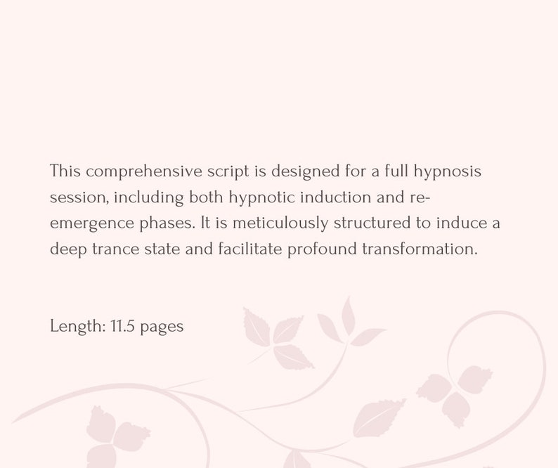 Pode incluir: Um documento de texto com fundo branco e texto preto. O texto descreve um script de hipnose abrangente projetado para uma sess&atilde;o de hipnose completa, incluindo tanto a indu&ccedil;&atilde;o hipn&oacute;tica quanto as fases de reemerg&ecirc;ncia. O texto tamb&eacute;m indica que o script &eacute; meticulosamente estruturado para induzir um estado de transe profundo e facilitar uma transforma&ccedil;&atilde;o profunda. O texto tamb&eacute;m indica que o script tem 11,5 p&aacute;ginas.