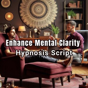 May include: A person reclines in a deep red armchair with an ottoman while another person sits in a gray chair nearby. The text "Enhance Mental Clarity Hypnosis Script" is centered over the scene, which includes a large circular wall art piece.
